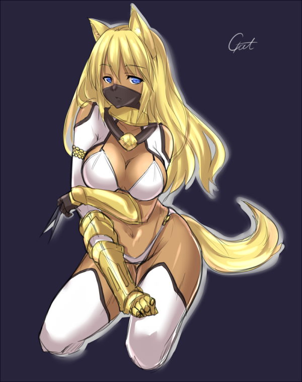 animal_ears bad_id bad_pixiv_id black_background blonde_hair blue_eyes bra breast_hold breasts cleavage covered_mouth dark_skin gauntlets large_breasts long_hair looking_at_viewer midriff navel original panties solo tail tan underwear unko_samurai white_bra white_legwear white_panties