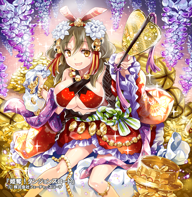 :d arm_out_of_sleeve bell blush bracelet breasts brown_eyes brown_hair bushel cleavage coin copyright_name fan flower frills glint gold hair_bell hair_flower hair_ornament halterneck holding holding_fan huge_breasts jewelry jingle_bell kidatsu!_dungeons_lord koban_(gold) long_hair looking_at_viewer necklace official_art open_mouth ririkuto sack sitting smile solo sparkle tassel wide_sleeves wisteria
