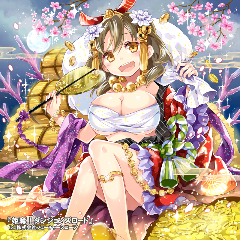:d arm_out_of_sleeve bell bracelet breasts brown_eyes brown_hair bushel cherry_blossoms cleavage coin copyright_name fan flower full_moon glint gold hair_bell hair_flower hair_ornament huge_breasts jewelry jingle_bell kidatsu!_dungeons_lord koban_(gold) long_hair looking_at_viewer moon necklace official_art open_mouth ririkuto sack sarashi sitting smile solo sparkle tassel wide_sleeves