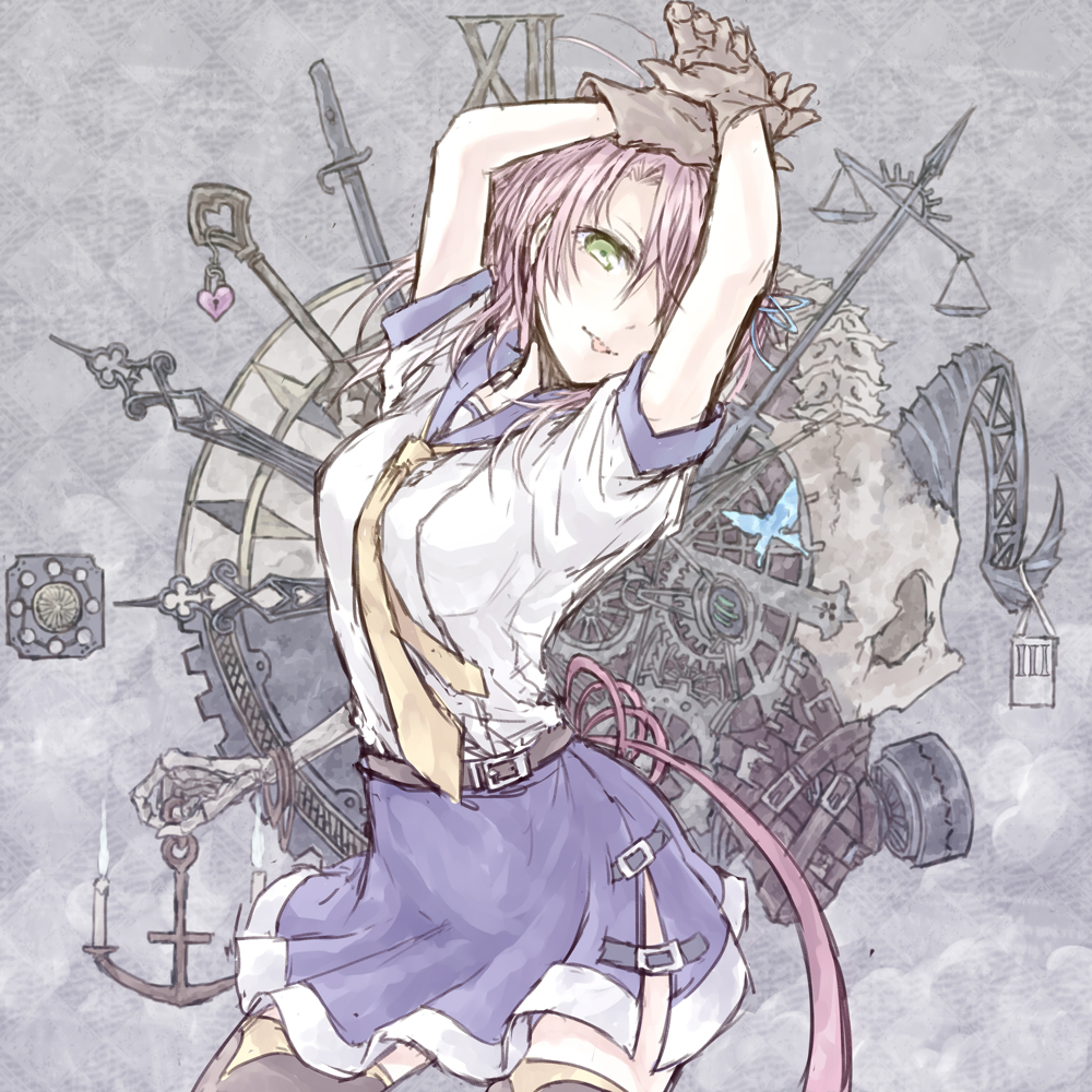 anchor arms_up balance_scale blue_skirt bone brown_gloves brown_legwear bug butterfly gears gloves green_eyes hair_over_one_eye insect jewelry kantai_collection kinugasa_(kantai_collection) locket long_hair looking_at_viewer neckerchief pendant pleated_skirt purple_eyes sailor_collar school_uniform serafuku skirt solo sword thighhighs tongue tongue_out weapon weighing_scale yukimochi_(yume)