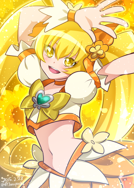 1girl 2015 arms_up blonde_hair bow brooch choker commentary_request crop_top cure_sunshine dated hair_bow heartcatch_precure! jewelry long_hair magical_girl midriff myoudouin_itsuki navel orange_bow orange_choker precure signature silver_trim skirt smile solo twintails twitter_username yellow_bow yellow_eyes