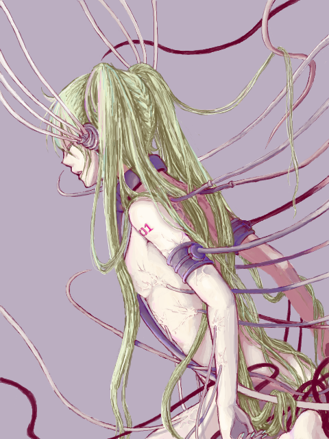 bad_id bad_pixiv_id cable closed_eyes cyborg green_hair hatsune_miku long_hair nude solo twintails very_long_hair vocaloid