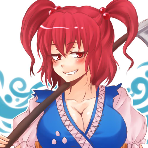 breasts cleavage grin large_breasts lowres mokku onozuka_komachi red_eyes red_hair scythe short_hair smile solo touhou