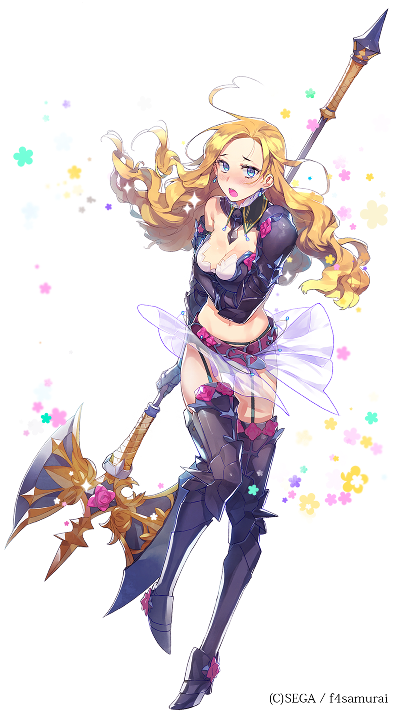 bangs belt blonde_hair blue_eyes blush boots breast_hold breasts cleavage copyright_request earrings garter_belt gauntlets greaves high_heel_boots high_heels highres jewelry long_hair mansu medium_breasts midriff navel open_mouth parted_bangs pauldrons polearm poleaxe see-through simple_background skirt solo sparkle thigh_boots thighhighs watermark weapon white_background