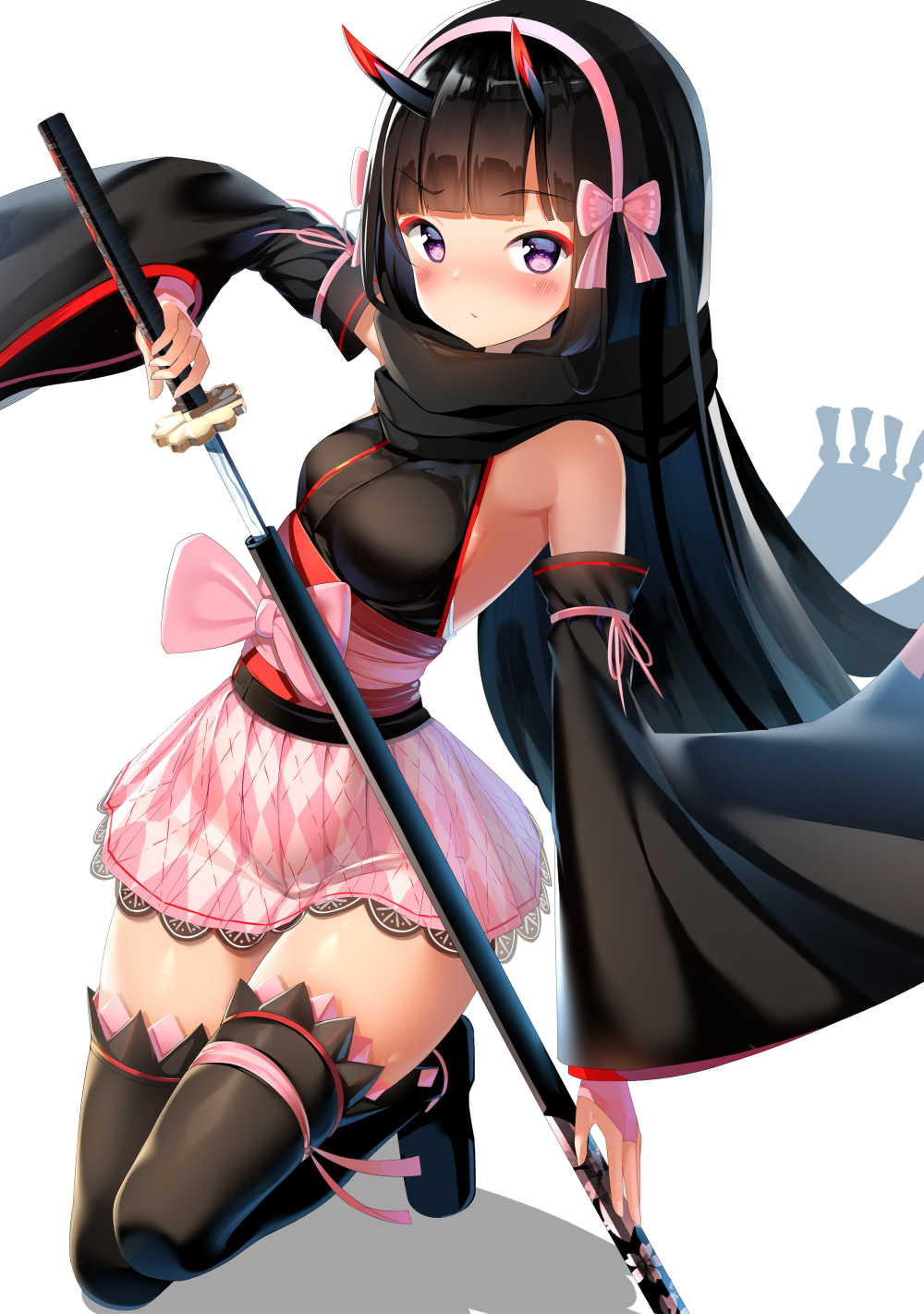 1girl argyle_skirt bangs bare_shoulders black_footwear black_hair black_kimono black_legwear black_scarf black_sleeves blunt_bangs blush boots bow breasts commentary_request detached_sleeves eyebrows_visible_through_hair floral_print hair_bow hairband highres holding holding_sword holding_weapon horns japanese_clothes katana kimono kurotobi_rarumu long_hair long_sleeves looking_at_viewer one_knee original pink_bow pink_hairband pink_skirt pleated_skirt red_eyes scarf sheath short_hair short_kimono skirt small_breasts solo sword thigh_boots thighhighs unsheathing very_long_hair weapon white_background wide_sleeves