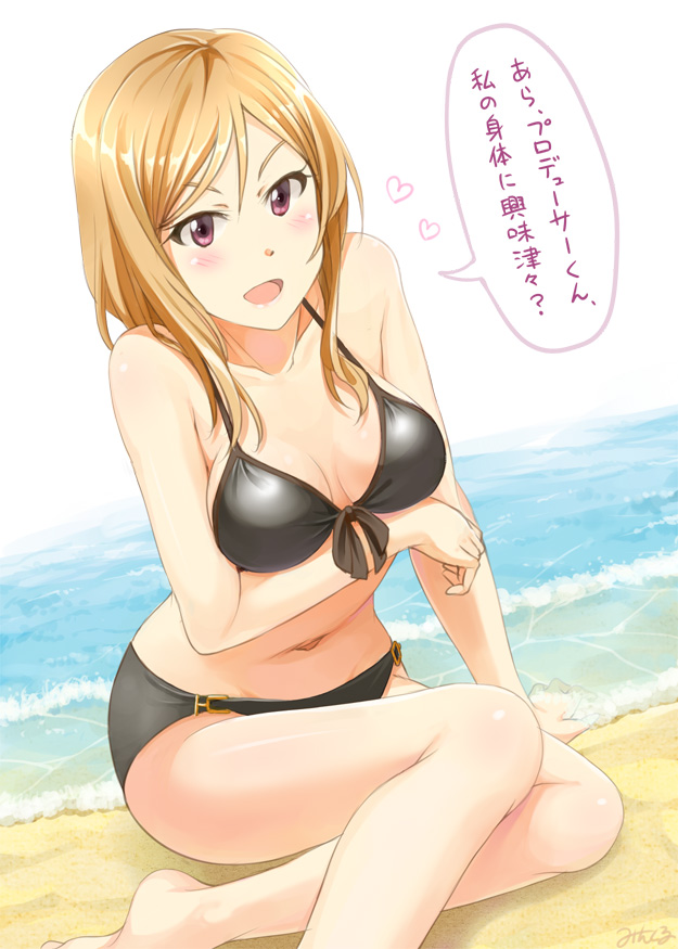 :d bad_id bad_pixiv_id barefoot beach bikini black_bikini blonde_hair breast_hold breasts front-tie_top heart idolmaster idolmaster_million_live! large_breasts long_hair mintol_(qool+) momose_rio navel open_mouth purple_eyes sitting smile swimsuit translation_request yokozuwari