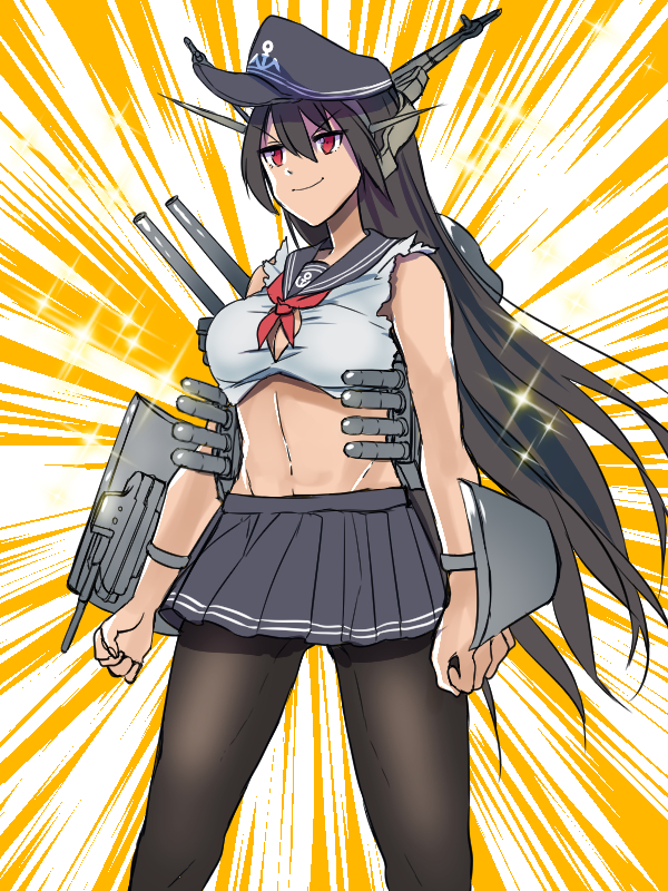 akatsuki_(kantai_collection) akatsuki_(kantai_collection)_(cosplay) banned_artist black_hair cosplay emphasis_lines hat headgear kantai_collection long_hair midriff miniskirt nagato_(kantai_collection) pantyhose pleated_skirt poko_(mammypoko) red_eyes school_uniform serafuku skirt smile solo