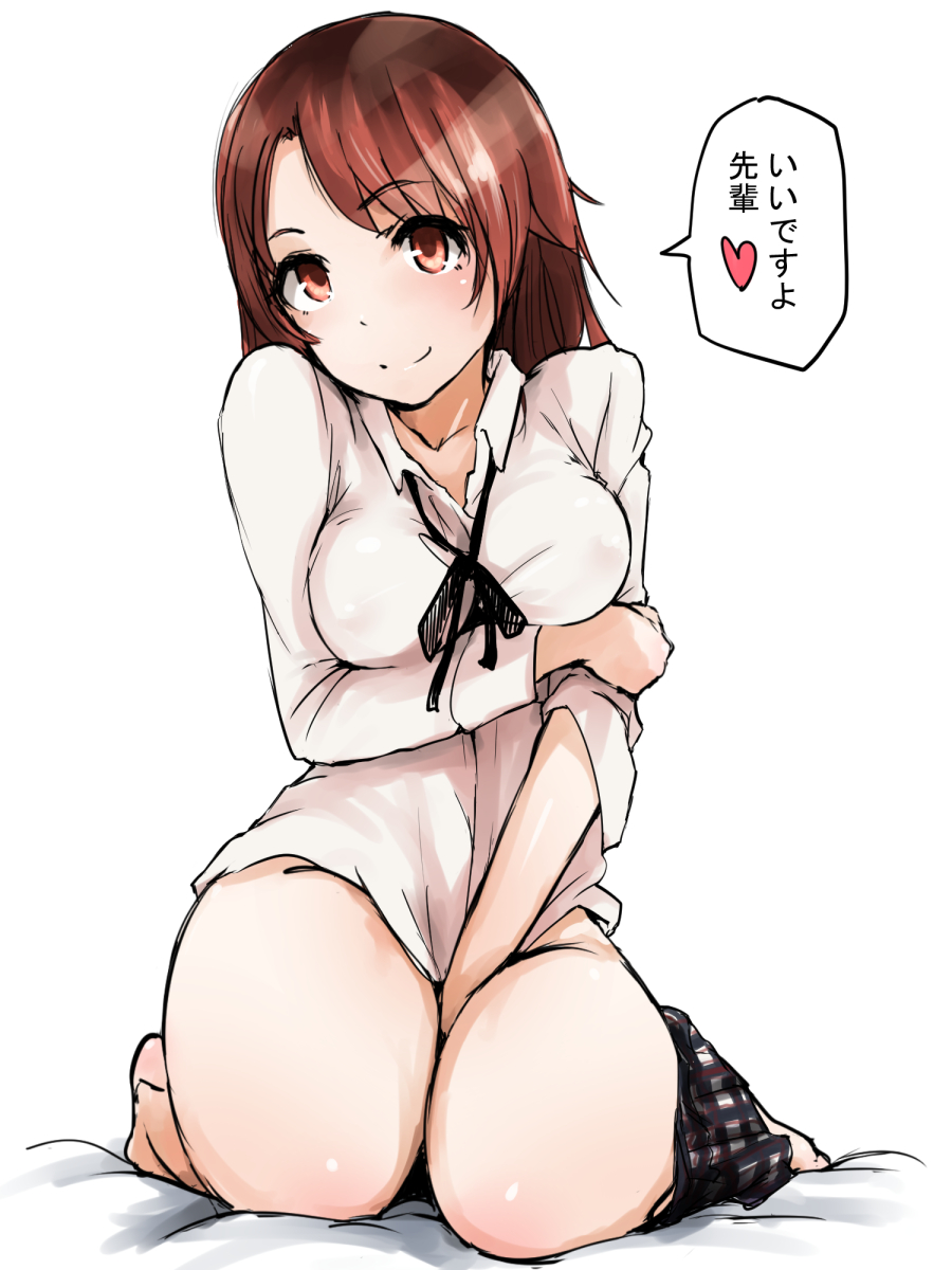 arakure blouse blush breast_hold breasts brown_eyes brown_hair hand_on_thigh highres isshiki_iroha long_hair looking_at_viewer medium_breasts school_uniform sitting skirt skirt_around_one_leg smile solo thick_thighs thighs translated yahari_ore_no_seishun_lovecome_wa_machigatteiru.