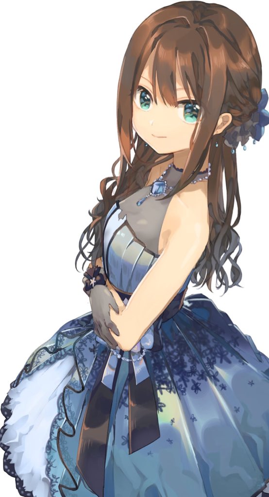 1girl blue_dress brown_hair crossed_arms dress from_above from_side gloves green_eyes grey_gloves hair_between_eyes hair_ornament idolmaster idolmaster_cinderella_girls long_hair looking_at_viewer shibuya_rin sidelocks simple_background sleeveless sleeveless_dress smile solo standing very_long_hair white_background zuho_(vega)