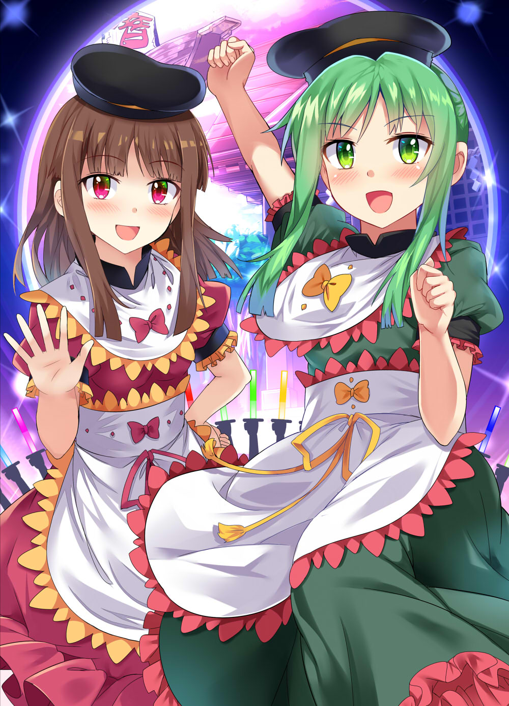 2girls :d apron arm_up bangs black_hat blush bow brown_hair clenched_hand commentary_request cowboy_shot dress e.o. eyebrows_visible_through_hair green_dress green_eyes green_hair hand_on_hip hand_up hat highres long_hair looking_at_viewer multiple_girls myouren_temple nishida_satono open_mouth palanquin_ship petticoat pink_eyes portal_(object) puffy_short_sleeves puffy_sleeves purple_bow purple_dress purple_ribbon ribbon short_hair_with_long_locks short_sleeves sidelocks smile sparkle teireida_mai touhou translation_request waist_apron white_apron yellow_bow yellow_ribbon