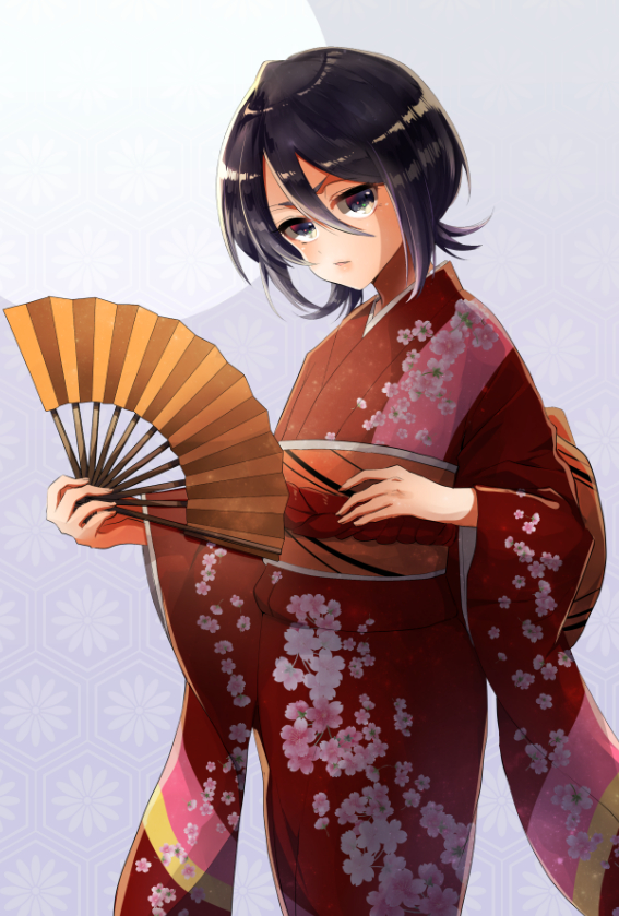 1girl black_eyes black_hair bleach cowboy_shot fan floral_print grey_background hair_between_eyes holding holding_fan japanese_clothes kimono kuchiki_rukia long_sleeves parted_lips print_kimono red_kimono shiny shiny_hair short_hair solo standing umi_(pixiv6861961) wide_sleeves