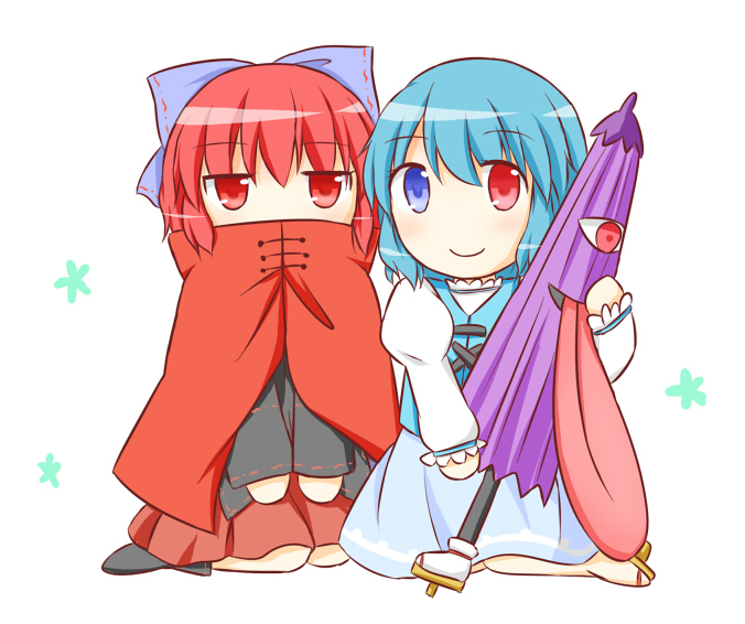 ankle_boots blue_eyes blue_hair blush boots cape chibi closed_umbrella geta heterochromia jitome juliet_sleeves long_sleeves multiple_girls puchimirin puffy_sleeves red_eyes red_hair sekibanki short_hair sitting skirt smile tareme tatara_kogasa touhou tunic umbrella wariza