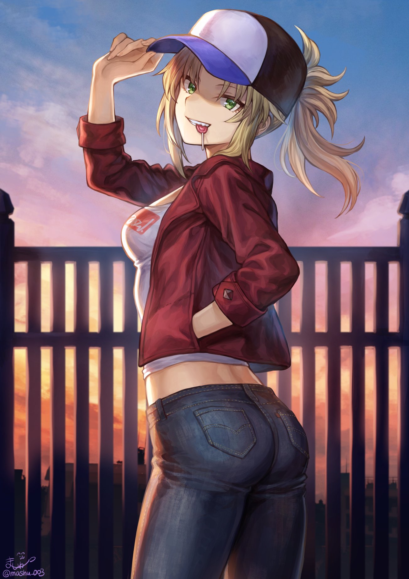 1girl adjusting_headwear ass bangs baseball_cap blonde_hair breasts candy casual dated denim fate/grand_order fate_(series) food from_behind green_eyes hand_in_pocket hat highres jacket lollipop looking_back mashu_003 medium_breasts messy_hair midriff mordred_(fate) mordred_(fate)_(all) multicolored multicolored_sky orange_sky outdoors pants pocket ponytail purple_sky red_jacket rooftop sharp_teeth shirt sidelocks signature sky sleeve_cuffs sunset teeth tsurime white_shirt