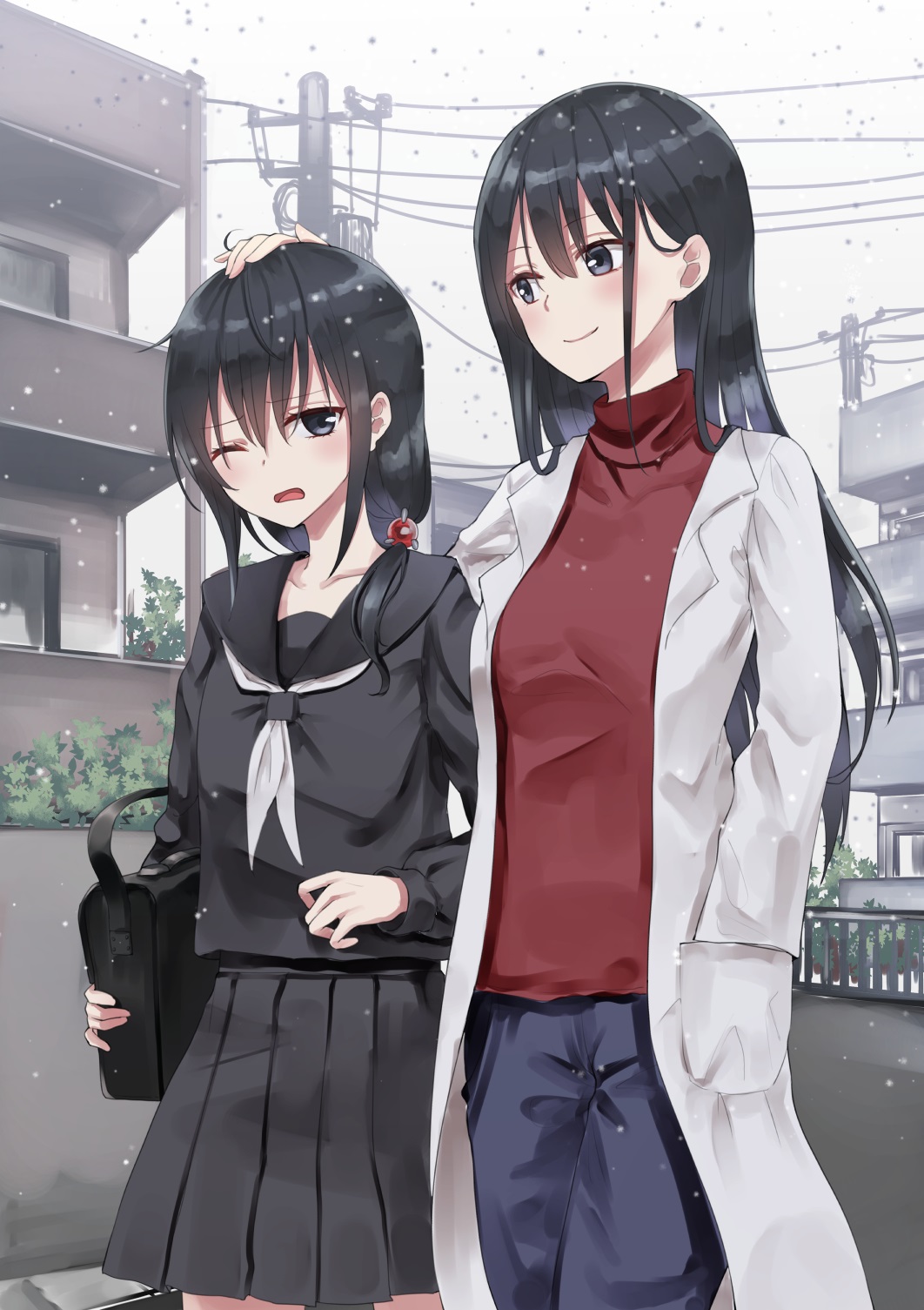 2girls bag bangs black_eyes black_hair black_sailor_collar black_serafuku black_shirt black_skirt blue_pants blush breasts building bush closed_mouth coat collarbone commentary_request cowboy_shot day duffel_bag grey_sky hair_between_eyes hair_ornament hair_over_shoulder hand_in_pocket hand_up height_difference highres holding holding_bag labcoat long_coat long_hair long_sleeves looking_at_another looking_at_viewer miniskirt multiple_girls neckerchief one_eye_closed open_clothes open_coat open_mouth original outdoors pants petting piripun pleated_skirt power_lines railing red_shirt sailor_collar school_bag school_uniform serafuku shirt side-by-side sidelocks skirt small_breasts smile snowing standing turtleneck white_coat white_neckwear window wing_collar