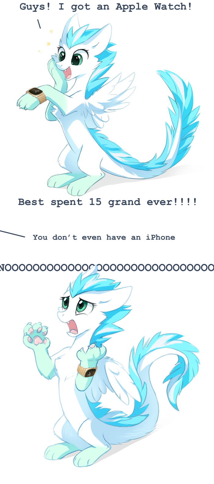 2015 ambiguous_gender apple_watch ask_blog asphagnum blue_hair claws dragon english_text feathers feral fur furred_dragon green_eyes hair mammal official_art patch_(character) paws text tumblr white_fur wings