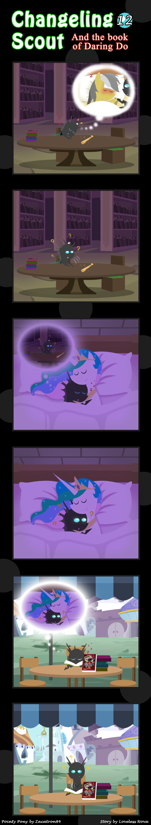 ? bed blanket blue_eyes book changeling comic confusion daring_do_(mlp) duo equine eyes_closed fangs female friendship_is_magic fur horn horse male mammal my_little_pony pillow pony princess_celestia_(mlp) purple_eyes royalty sleeping tan_fur vavacung water winged_unicorn wings