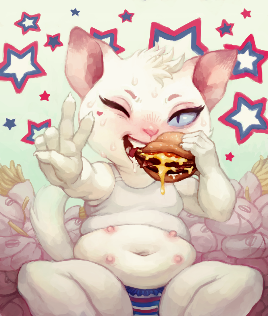 &lt;3 anthro belly blue_eyes burger cat claws clothing crookedtrees cute eating feline female food french_fries fur mammal multi_nipple navel nipples one_eye_closed open_mouth overweight panties pink_nose ruffles saliva shirt sitting solo spread_legs spreading star sweat tank_top teeth tuft underwear united_states_of_america v_sign white_fur wink