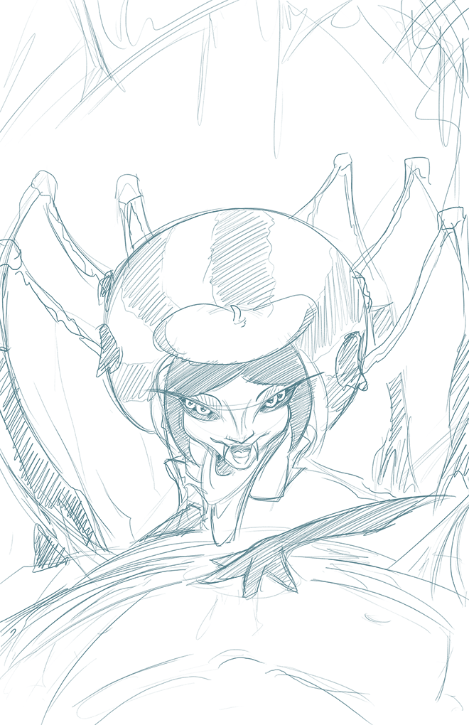arachnid arthropod beret fangs female hat james_and_the_giant_peach looking_at_viewer miss_spider monochrome multiple_eyes solo spider