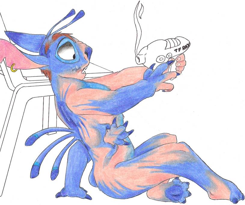 4_arms 4_fingers 4_toes 5_fingers alien antennae arm_growth back_spines blue_claws blue_nose brown_hair chair claws compression_artifacts dipstick_antennae disney ear_piercing english_text experiment_(species) foxx hair holding_object holding_weapon human human_to_anthro lilo_and_stitch male mammal multi_arm multi_limb naturally_censored notched_ear nude open_mouth piercing side_view simple_background solo species_transformation stitch text toe_claws toes traditional_media_(artwork) transformation weapon white_background