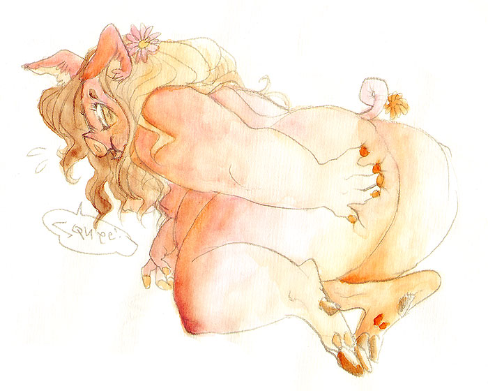 anthro big_butt blonde_hair butt english_text female flower hair hindpaw hooves looking_back mammal muura nude overweight paws pig plant porcine rear_view solo squeezing sweat text traditional_media_(artwork) watercolor_(artwork) yellow_eyes