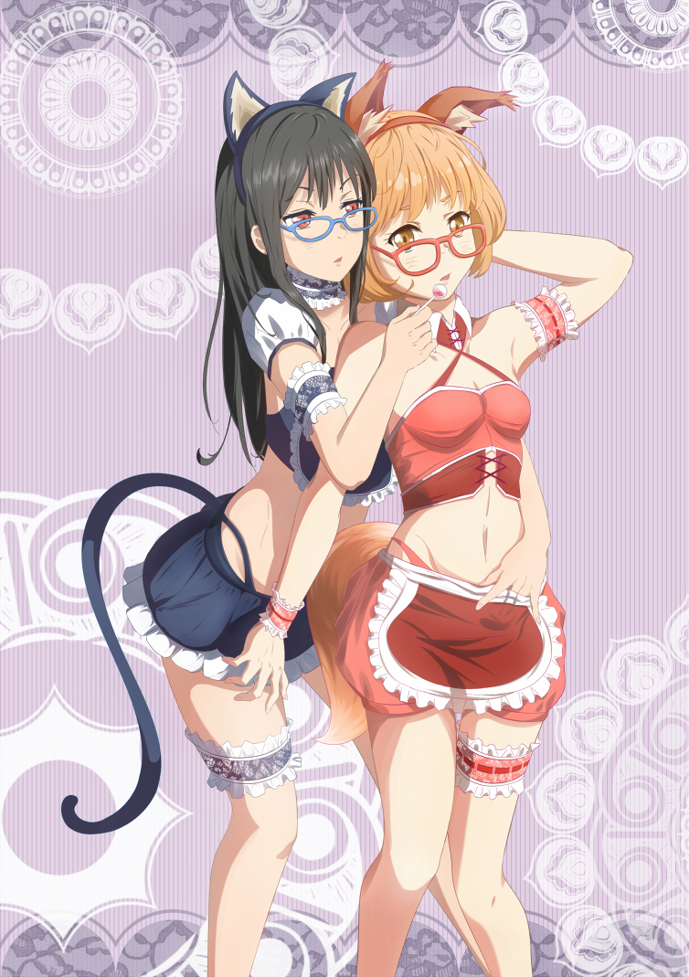 2girls animal_ears apron arm_garter black_hair brianchan.t.w brown_eyes candy cat_ears cat_tail choker dog_ears dog_tail fake_animal_ears glasses kuriyama_mirai kyoukai_no_kanata leg_garter lollipop long_hair midriff multiple_girls nase_mitsuki navel red_eyes short_hair skirt tail waist_apron wrist_cuffs yuri