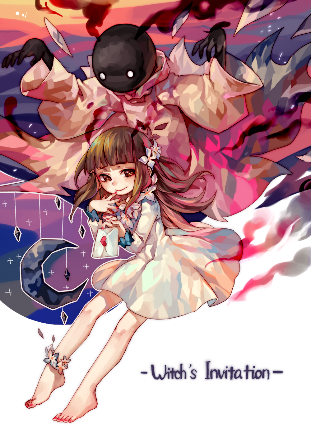 anklet barefoot brown_eyes brown_hair deemo deemo_(character) dress envelope feet flower formal full_body girl_(deemo) hair_flower hair_ornament hand_to_own_mouth harrymiao highres jewelry looking_at_viewer nail_polish smile song_name suit toenail_polish witch's_invitation_(deemo)