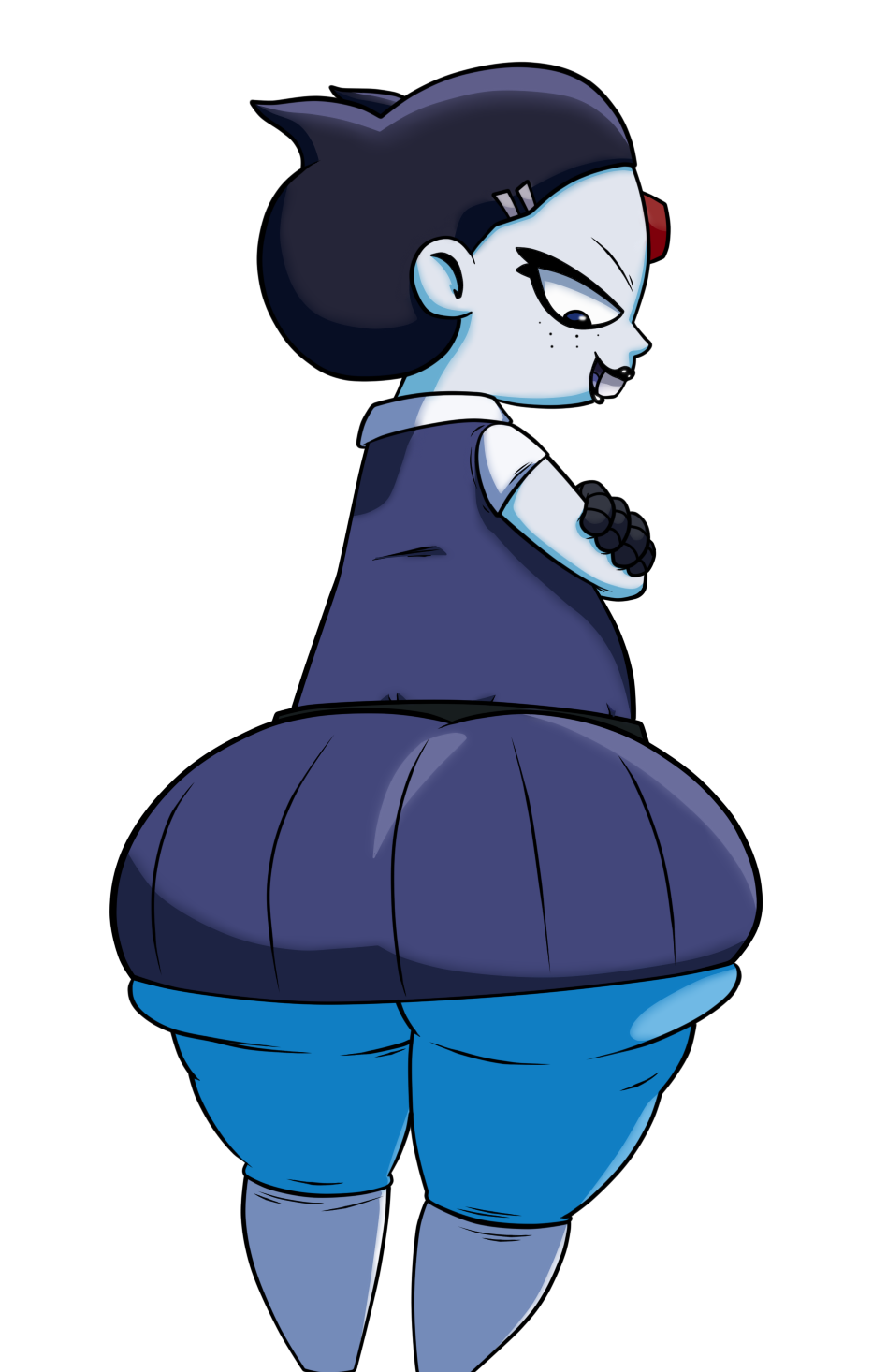 alpha_channel big_butt black_hair blue_eyes blue_skin butt clothed clothing crash_bandicoot_(series) dress_shirt female hair human humanoid legwear little_cupcake looking_back mammal miniskirt nina_cortex overweight rear_view school_uniform shirt simple_background skirt slightly_chubby smile socks solo standing thick_thighs tight_clothing transparent_background uniform video_games wide_hips young