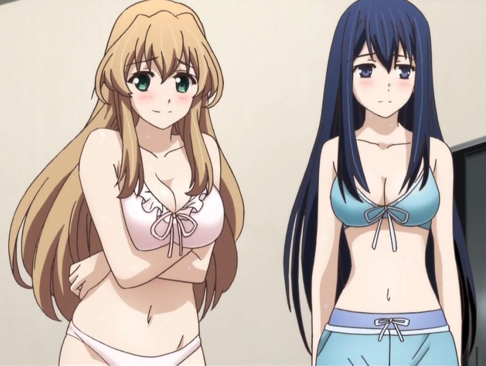 2girls arm arms bare_shoulders bikini blue_eyes blue_hair blush breast_hold breasts cleavage collarbone crossed_arms female friends gokukoku_no_brynhildr green_eyes hair_between_eyes hair_over_breasts kuroha_neko large_breasts light_brown_hair long_hair looking_at_viewer looking_away midriff multiple_girls navel neck ribbon screencap shy smile sweat swimsuit takatori_kotori upper_body