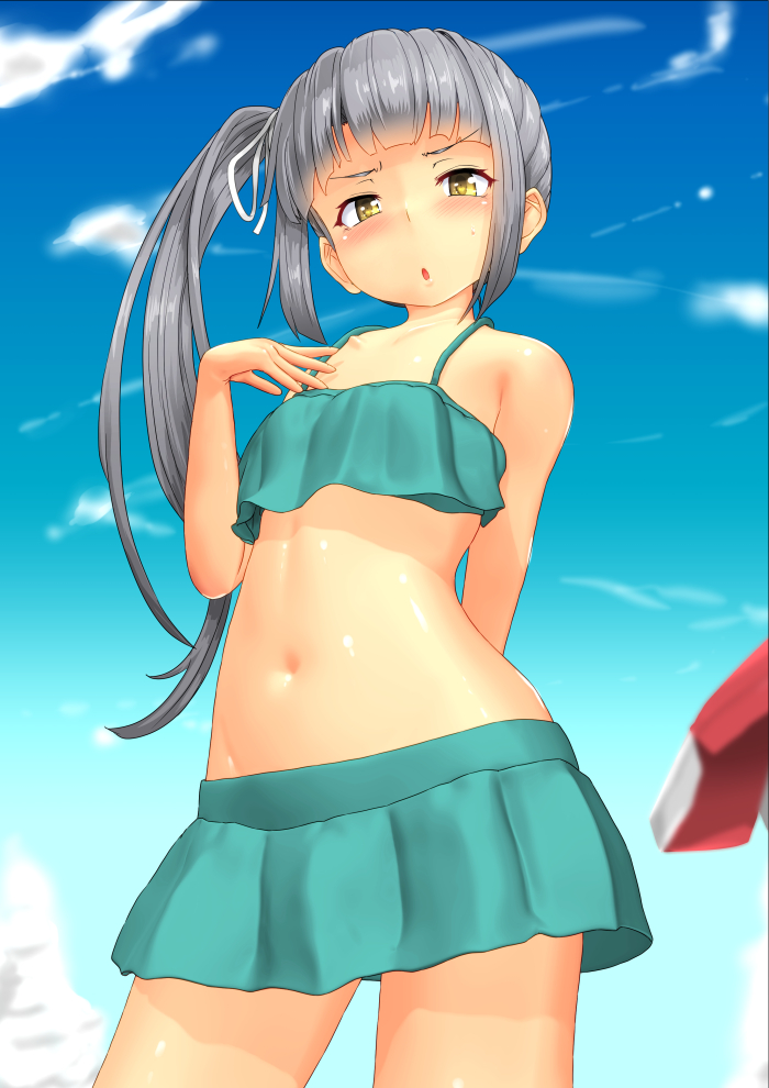 1girl aqua_tankini arm_behind_back bangs bare_arms bare_shoulders blue_sky blunt_bangs breasts chestnut_mouth cloud cloudy_sky collarbone commentary_request day furrowed_eyebrows grey_hair hair_ribbon hand_up hip_bones kantai_collection kasumi_(kantai_collection) long_hair looking_at_viewer midriff navel nokishita_kumoemon outdoors ribbon shiny shiny_hair side_ponytail sky small_breasts solo spaghetti_strap standing stomach swimsuit tankini very_long_hair white_ribbon yellow_eyes
