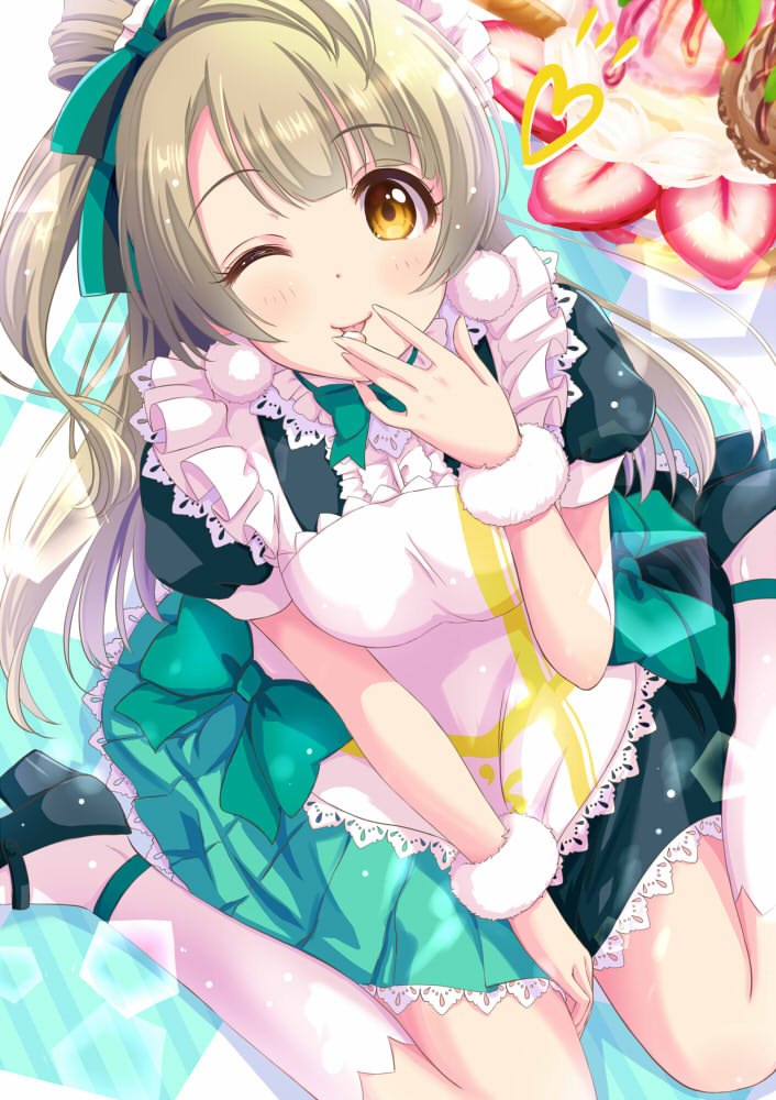 ;q apron between_legs bow bowtie brown_hair eyebrows_visible_through_hair from_above green_bow green_neckwear green_ribbon green_skirt hair_ribbon hand_between_legs long_hair looking_at_viewer looking_up love_live! love_live!_school_idol_project maid minami_kotori mogyutto_"love"_de_sekkin_chuu! one_eye_closed one_side_up pleated_skirt ribbon short_sleeves sitting skirt solo tongue tongue_out wariza white_apron white_legwear yuuki_(yukinko-02727)