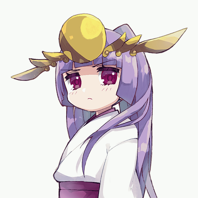 &gt;:( 1girl bangs blunt_bangs blush closed_mouth grey_background headgear japanese_clothes kimono light_frown long_hair looking_at_viewer looking_to_the_side obi pikomarie purple_eyes purple_hair puzzle_&amp;_dragons sash simple_background solo v-shaped_eyebrows very_long_hair white_kimono yomi_(p&amp;d)