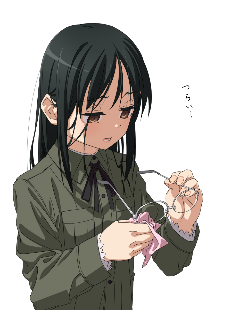 black_hair black_ribbon boko_(maniacpurple) brown_eyes cleaning cleaning_glasses eyewear_removed glasses highres holding holding_eyewear long_hair long_sleeves looking_down military military_uniform open_mouth ribbon simple_background solo strike_witches suwa_amaki translated uniform white_background world_witches_series