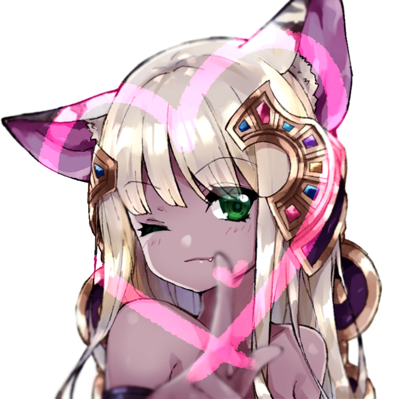 1girl animal_ear_fluff animal_ears bangs bastet_(p&amp;d) blonde_hair blurry blurry_foreground blush cat_ears closed_mouth collarbone depth_of_field eyebrows_visible_through_hair fang fang_out green_eyes hair_between_eyes head_tilt headgear heart long_hair one_eye_closed pikomarie puzzle_&amp;_dragons simple_background solo upper_body very_long_hair white_background