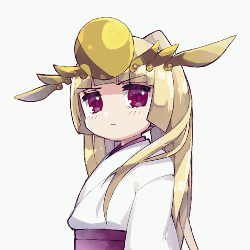 &gt;:( 1girl bangs blonde_hair blunt_bangs blush closed_mouth grey_background headgear japanese_clothes kimono light_frown long_hair looking_at_viewer looking_to_the_side obi pikomarie purple_eyes puzzle_&amp;_dragons sash simple_background solo v-shaped_eyebrows very_long_hair white_kimono yomi_(p&amp;d)