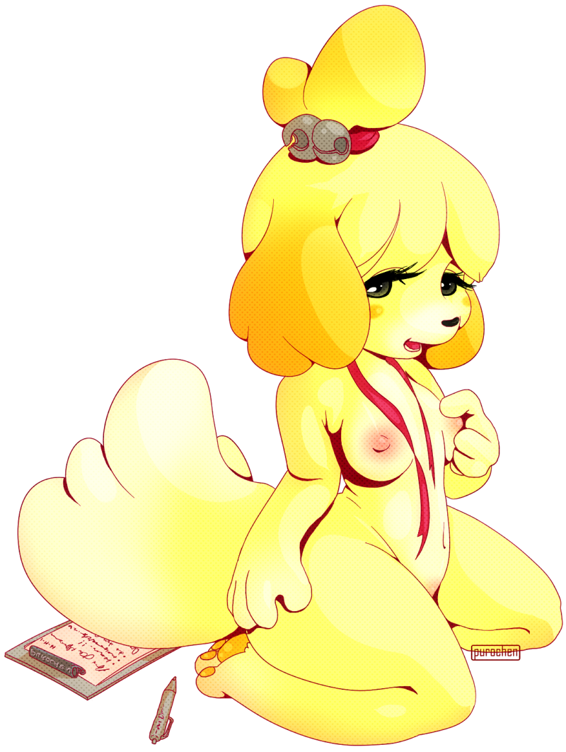 animal_crossing bell black_nose breasts canine dog eyelashes female fur hair isabelle_(animal_crossing) mammal nintendo nipples nude pawpads paws purochen sitting solo video_games white_fur yellow_fur