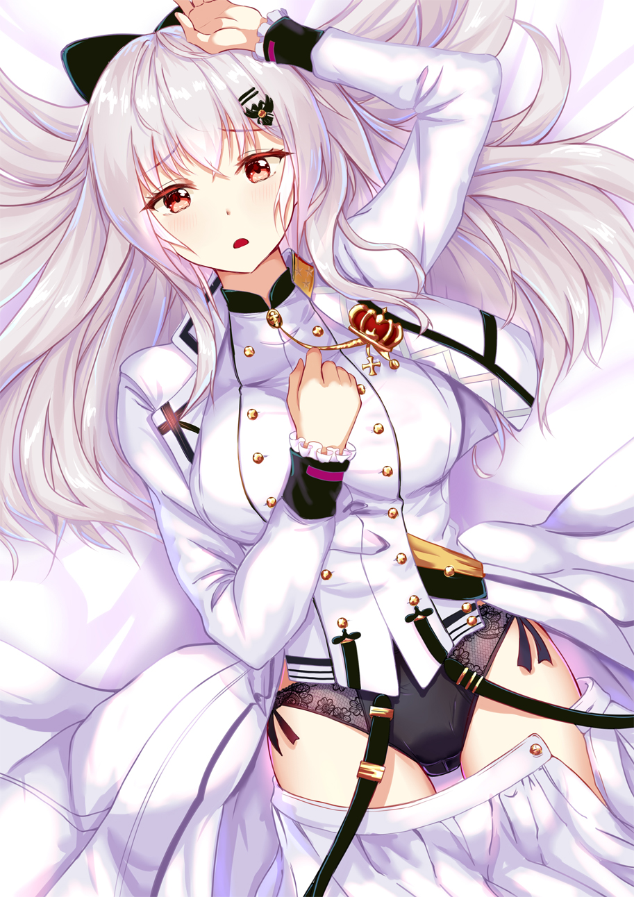 1girl arm_up bangs black_panties blush bow breasts buttons collared_shirt cropped_jacket crossed_bangs double-breasted eyebrows_visible_through_hair girls_frontline hair_between_eyes hair_ornament hair_ribbon hairclip hand_on_own_chest highres iws-2000_(girls_frontline) jacket large_breasts lingerie long_hair long_sleeves looking_at_viewer lying military military_uniform on_back open_clothes open_jacket open_mouth panties pleated_skirt red_eyes ribbon ribbon-trimmed_panties shailiar shirt sidelocks silver_hair skirt skirt_pull solo thighs unbuttoned_skirt underwear uniform white_jacket white_shirt