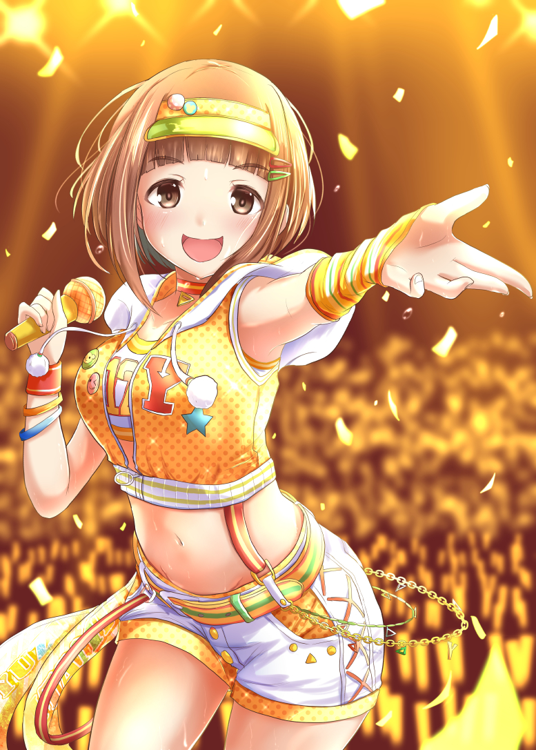 1girl :d arm_warmers armpits badge bangs belt belt_buckle blunt_bangs blurry blurry_background blush bracelet breasts brown_eyes brown_hair buckle button_badge choker commentary_request cowboy_shot crowd depth_of_field drawstring eyebrows_visible_through_hair glowstick hair_ornament hairclip holding holding_microphone hooded_vest idolmaster idolmaster_cinderella_girls idolmaster_cinderella_girls_starlight_stage jewelry kitami_yuzu looking_at_viewer medium_breasts microphone navel open_mouth orange_choker orange_vest outstretched_arm partially_unzipped polka_dot polka_dot_vest ram_hachimin short_hair shorts smile solo_focus stage suspender_shorts suspenders sweat sweatband tareme visor_cap white_shorts zipper