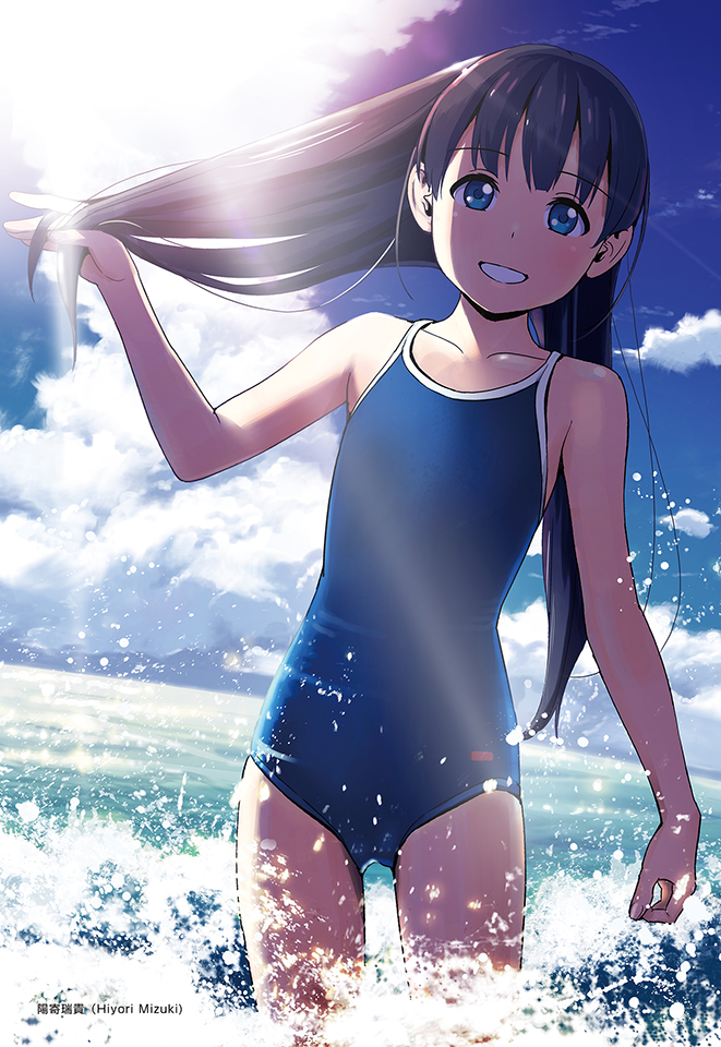 artist_name bangs bare_arms bare_shoulders black_hair blue_eyes cloud cloudy_sky collarbone competition_school_swimsuit day eyebrows_visible_through_hair grin hand_in_hair hiyori_mizuki long_hair ocean one-piece_swimsuit original outdoors school_swimsuit sea_spray sky smile solo swimsuit wading