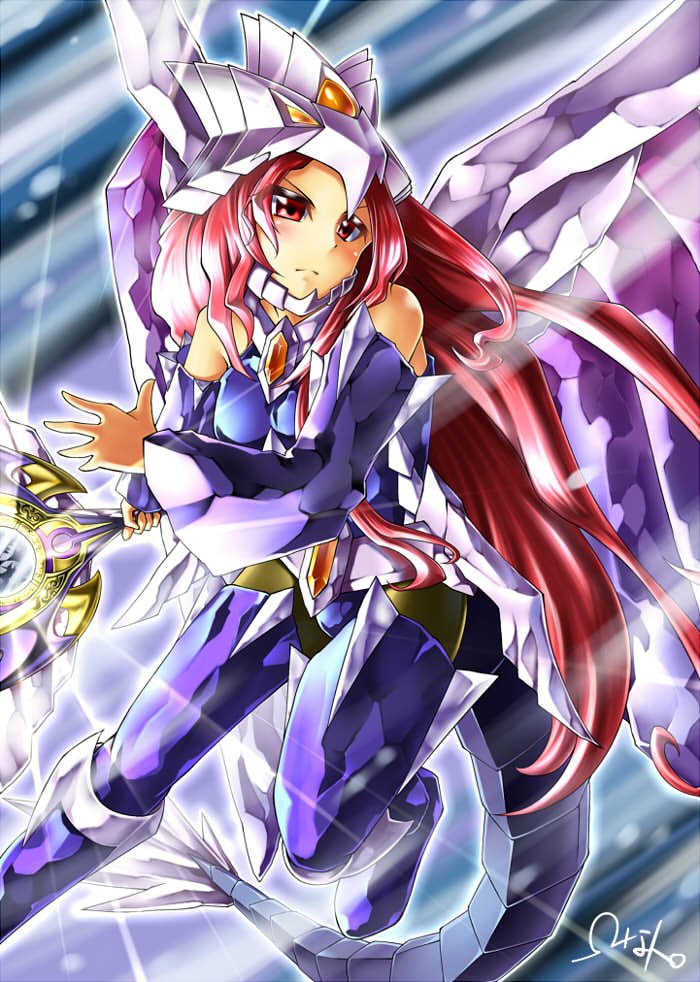 armor armpits breasts dance_princess_of_the_nekroz detached_sleeves duel_monster gishki_emilia gungnir_dragon_of_the_ice_barrier hat jewelry long_hair medium_breasts nekroz_of_gungnir omega_na_hito red_eyes red_hair scepter solo tail yuu-gi-ou