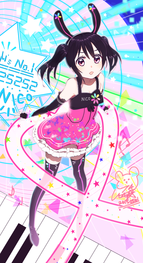 1girl 2015 animal_ears bad_id bad_twitter_id bare_shoulders black_footwear black_gloves black_hair boots bunny_ears character_name dated dress eighth_note elbow_gloves fingerless_gloves gloves hairband looking_at_viewer love_live! love_live!_school_idol_festival love_live!_school_idol_project musical_note piano_keys pink_skirt quarter_note red_eyes signature skirt solo star thigh_boots thighhighs triangle twintails yazawa_nico