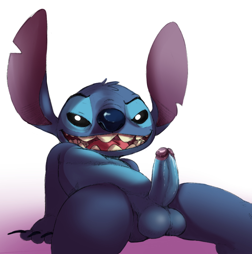2015 anthro balls black_eyes blue_fur blue_nose claws fur half-closed_eyes jerseydevil lilo_and_stitch male open_mouth penis plain_background presenting presenting_penis sharp_teeth sitting solo stitch teeth toe_claws tongue white_background