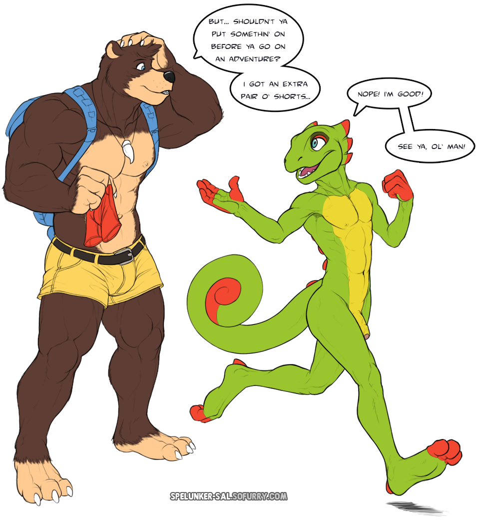 2015 abs age_difference alpha_channel anthro backpack banjo-kazooie banjo_(banjo-kazooie) bear belt biceps big_muscles blue_eyes brown_fur bulge chameleon claws clothed clothing colored crossover dialogue duo edit english_text flaccid fur green_skin half-dressed invalid_tag lizard male mammal muscles necklace nipples nude open_mouth pants pecs penis plain_background plantigrade playtonic_games rare reptile scalie shorts size_difference smile speech_bubble spelunker_sal standing teeth text toe_claws topless transparent_background uncut video_games yellow_skin yooka yooka-laylee