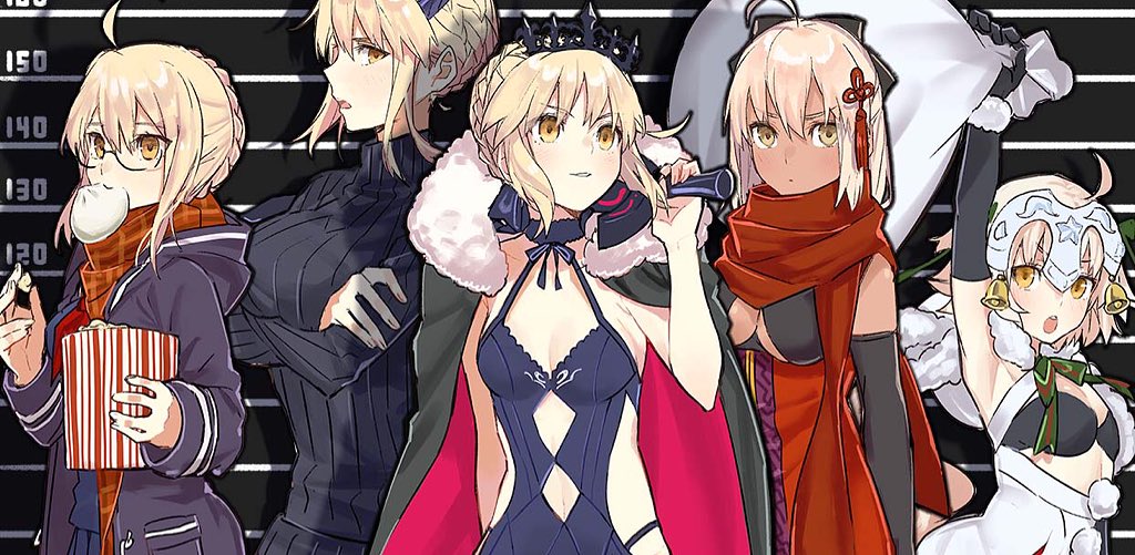 ahoge artoria_pendragon_(all) artoria_pendragon_(lancer_alter) artoria_pendragon_(swimsuit_rider_alter) baozi blonde_hair bow breasts brown_eyes cape crossed_arms eating fate/grand_order fate_(series) food food_in_mouth fur_cape glasses hair_bow height_chart jeanne_d'arc_(fate)_(all) jeanne_d'arc_alter_santa_lily jeanne_d'arc_(fate)_(all) jeanne_d'arc_alter_santa_lily looking_at_viewer medium_breasts multiple_girls mysterious_heroine_x_(alter) okita_souji_(alter)_(fate) okita_souji_(fate)_(all) over_shoulder pale_skin popcorn sack scarf small_breasts smile sweater teshima_nari upper_body weapon weapon_over_shoulder yellow_eyes