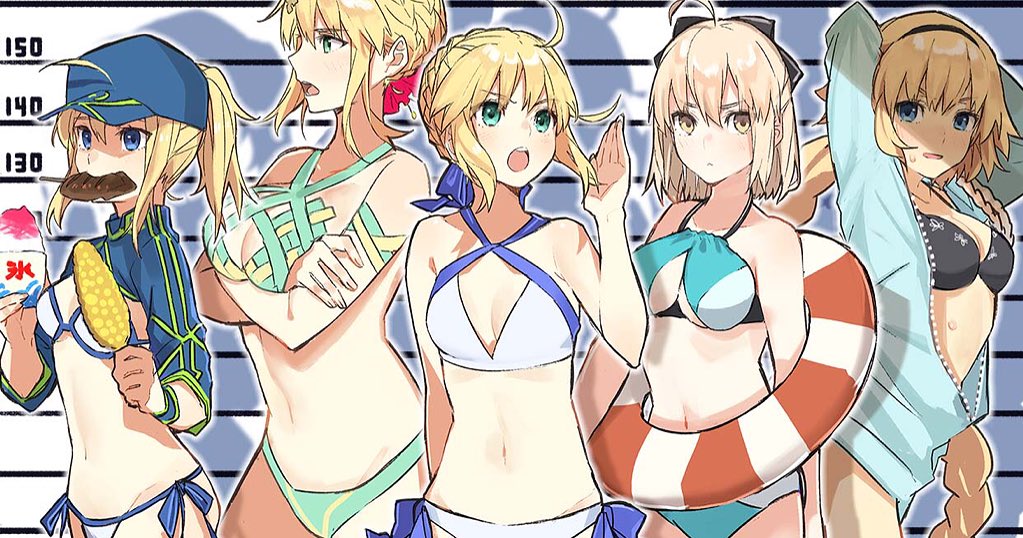 5girls ahoge armlet artoria_pendragon_(all) artoria_pendragon_(lancer) artoria_pendragon_(swimsuit_archer) bikini blonde_hair bow braid breasts cleavage corn crossed_arms fate/grand_order fate_(series) flower food food_in_mouth hair_bow hair_flower hair_ornament height_chart innertube jeanne_d'arc_(fate)_(all) jeanne_d'arc_(swimsuit_archer) jeanne_d'arc_(fate) jeanne_d'arc_(fate)_(all) jeanne_d'arc_(swimsuit_archer) looking_at_viewer medium_breasts multiple_girls mysterious_heroine_xx_(foreigner) navel okita_souji_(fate) okita_souji_(fate)_(all) open_mouth shaved_ice shrug_(clothing) side-tie_bikini stomach swimsuit teshima_nari upper_body