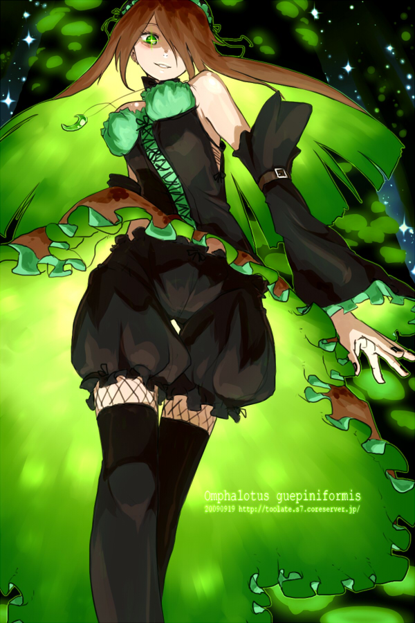 bare_shoulders black_nails bloomers breasts detached_sleeves green_eyes hair_over_one_eye jewelry large_breasts multicolored_hair mushroom nail_polish necklace omphalotus_japonicus oso-teki_kinoko_gijinka_zukan oso_(toolate) personification skirt smile solo thighhighs underwear