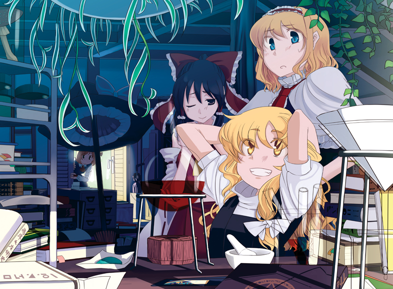 alice_margatroid arms_behind_head arms_up beaker blonde_hair book flask grin hakurei_reimu hat hat_removed headwear_removed indoors kirisame_marisa laboratory mortar multiple_girls one_eye_closed pestle plant round-bottom_flask rumia smile takuzui test_tube touhou witch_hat