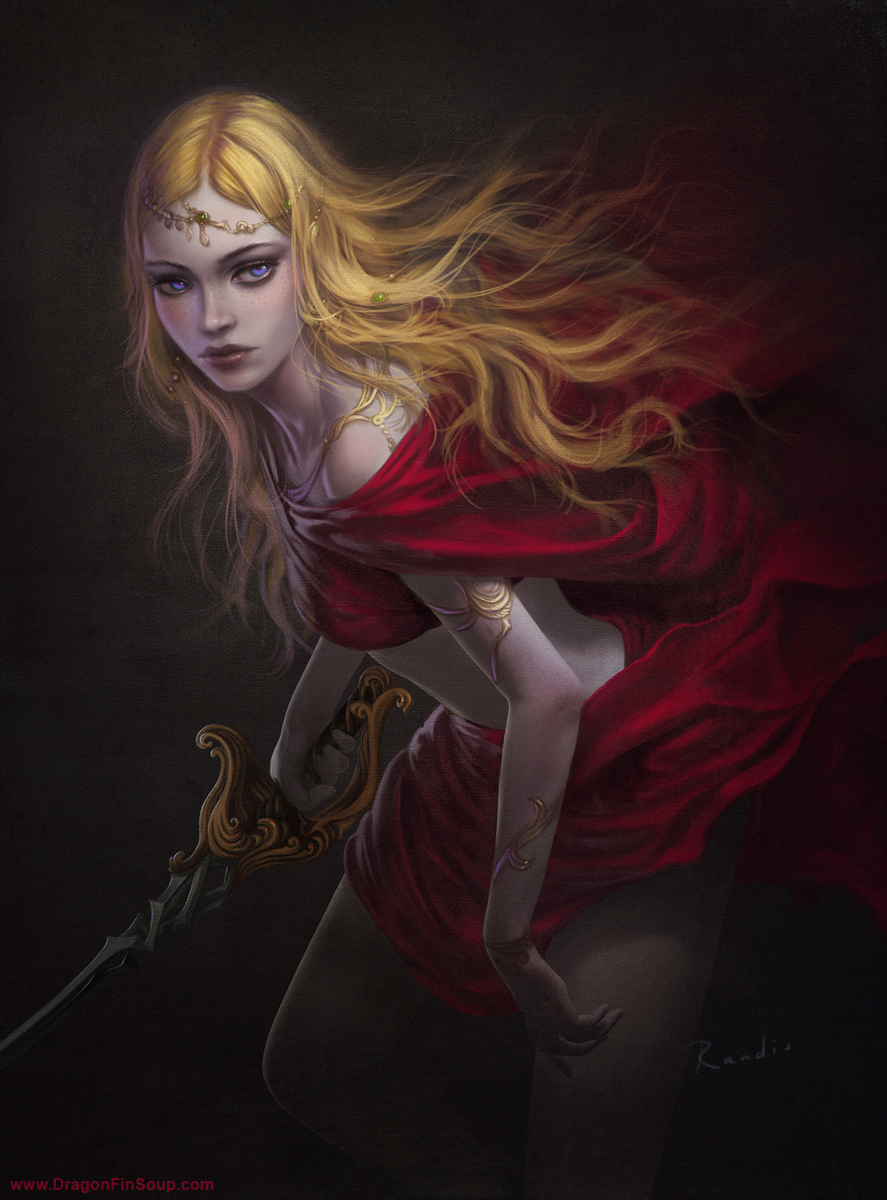 artist_name blonde_hair dragon_fin_soup freckles highres jewelry lips little_red_riding_hood long_hair looking_at_viewer original purple_eyes randis red_robin solo sword watermark weapon web_address