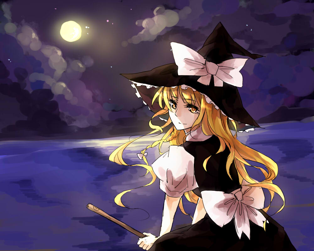 aeolus apron blonde_hair braid broom broom_riding flying full_moon hat kirisame_marisa long_hair moon night night_sky short_sleeves side_braid sky touhou waist_apron witch_hat yellow_eyes