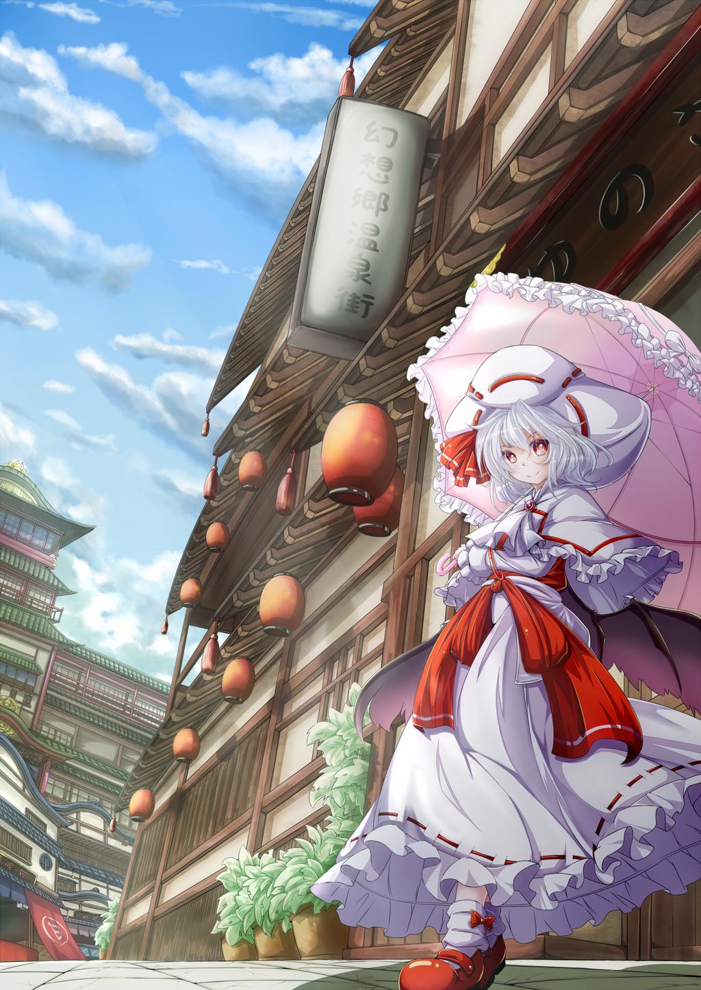 architecture aya-on_(miria00) bat_wings blue_sky capelet cloud curiosities_of_lotus_asia day downscaled dress east_asian_architecture frilled_dress frills hat highres lantern md5_mismatch paper_lantern parasol plant potted_plant remilia_scarlet resized short_hair silver_hair sky smile solo touhou translation_request umbrella wings