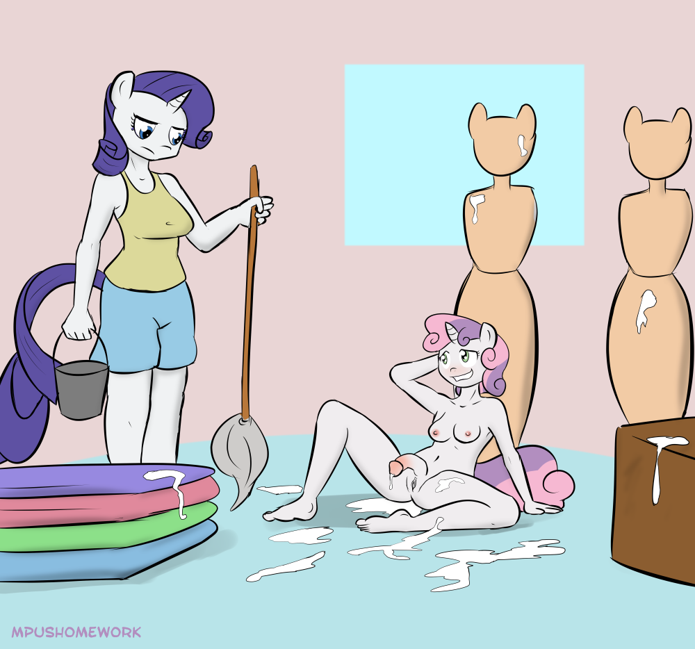 2014 anthro anthrofied breasts bucket clothing cub cum cum_on_self duo empyu equine female flaccid friendship_is_magic fur green_eyes hair herm horn horse intersex mammal mannequin mop my_little_pony nipples nude penis pony purple_hair pussy rarity_(mlp) shirt sweetie_belle_(mlp) tank_top two_tone_hair unicorn white_fur young